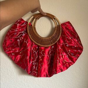 Elegant Red Floral Handbag with Bamboo Handles Chinese Purse Cheongsam Purse